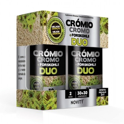Embalagem de suplemento 'CRÓMIO CROMO + FORSKOHLI DUO' com elementos verdes, pretos e texto em português.