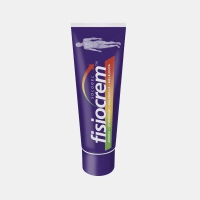 Tubo roxo de gel Solugel Fisiocrem com texto e gráficos coloridos