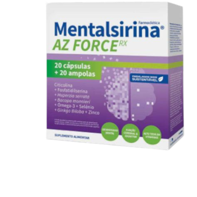 Embalagem de suplemento Mentalsirina AZ FORCE RX com texto e selo de sustentabilidade