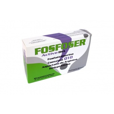 Embalagem Fosfoser Active DHA com texto verde, preto e roxo sobre fundo branco