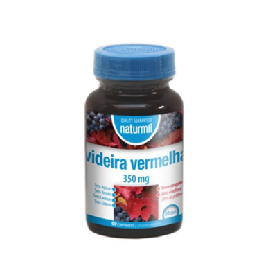 Frasco de suplemento videira vermelha 350 mg com tampa azul e rótulo colorido