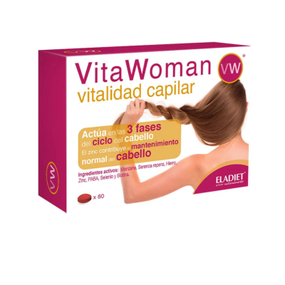 Suplemento VitaWoman vitalidad capilar para cabelo, caixa rosa e amarela com texto informativo e imagem de braço segurando cabelo castanho