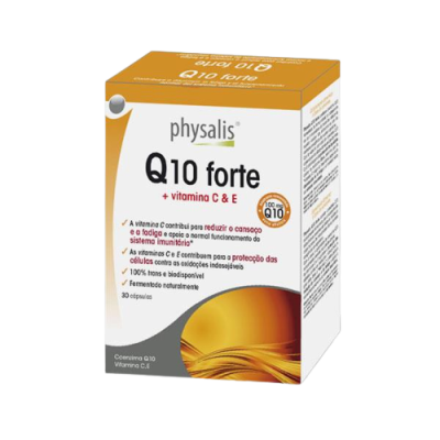 Embalagem branca e dourada de suplemento Q10 forte com vitaminas C e E