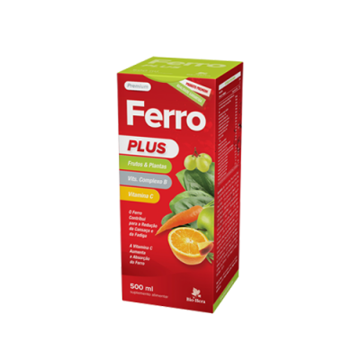 Embalagem de suplemento alimentar Ferro PLUS vermelho e verde com ilustrações de frutas e plantas