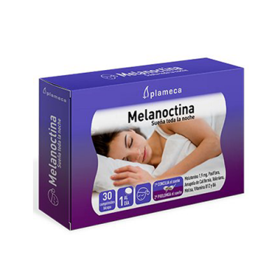 Caixa roxa de cápsulas Melanoctina com imagem de mulher a dormir