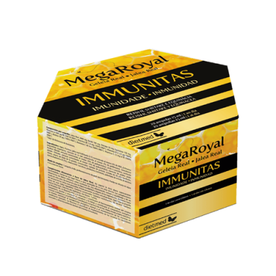 Embalagem hexagonal amarela e preta do suplemento Mega Royal Immunitas