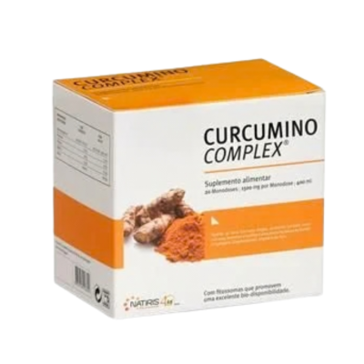 Caixa de suplemento alimentar CURCUMINO COMPLEX com design branco e laranja e imagem de curcuma