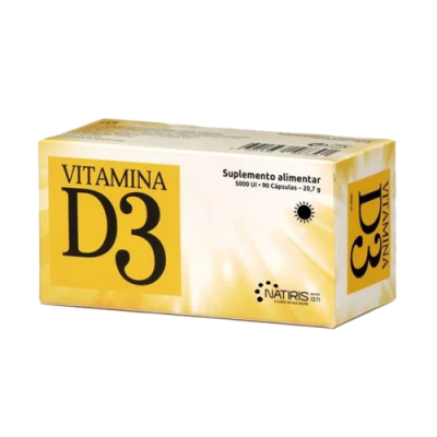 Caixa de suplemento alimentar Vitamina D3 em branco e amarelo