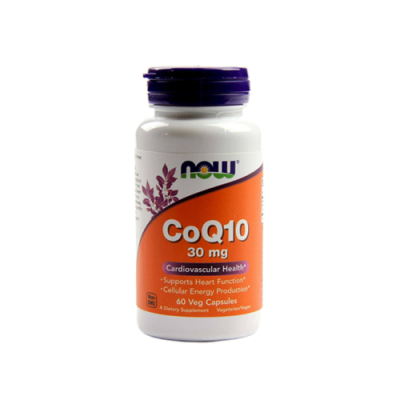 Frasco de suplemento CoQ10 30 mg da marca NOW, com rótulo laranja e tampa roxa.