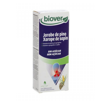 Embalagem branca, verde e azul escuro do xarope de pinho Biover para garganta