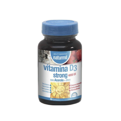 frasco de suplemento vitamínico Naturmil Vitamina D3 strong 4000 UI com Acerola e Zinco