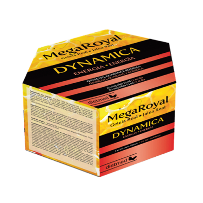 Caixa hexagonal do produto MegaRoyal Dynamica Energia em amarelo, preto e vermelho