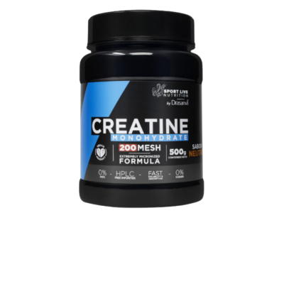 Frasco preto de suplemento de creatina monohidratada com rótulo azul e preto