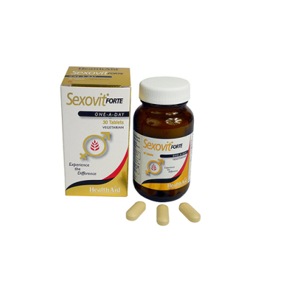 Frasco e caixa de comprimidos Sexovit FORTE ONE-A-DAY com três comprimidos em frente