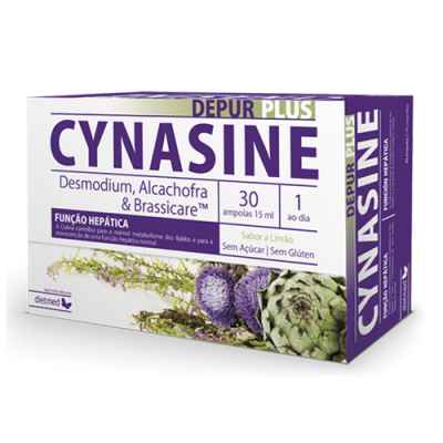 Embalagem de Cynasine Depur Plus com 30 ampolas para função hepática sabor limão