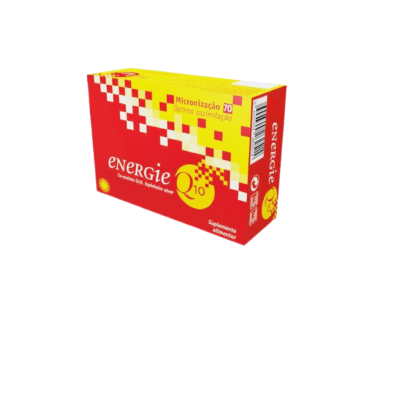 Caixa vermelha e amarela de suplemento alimentar Energie Q10 com padrão de quadrados brancos