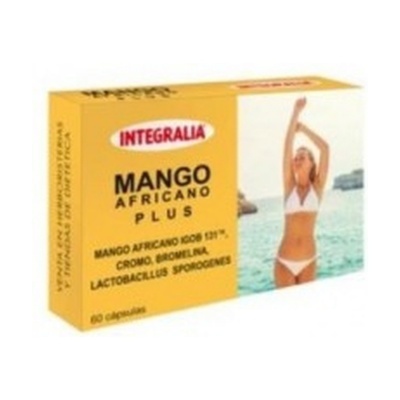 Caixa de suplemento Mango Africano Plus da Integralia com imagem de mulher em biquíni branco
