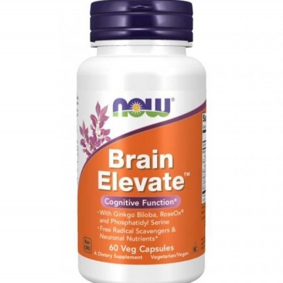 Frasco branco de suplemento Brain Elevate com tampa roxa e rótulo laranja e branco