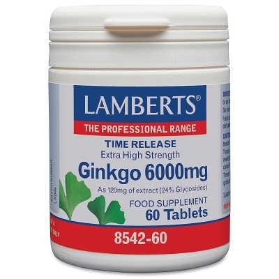 Frasco de suplemento alimentar Lamberts Ginkgo 6000mg com 60 comprimidos.