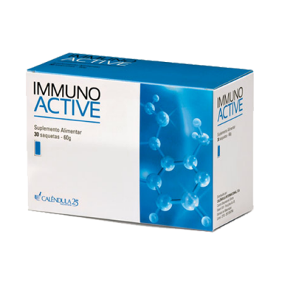 Caixa de suplemento alimentar IMMUNO ACTIVE em branco e azul com design molecular