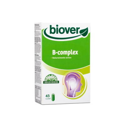 Embalagem Biover B-complex com 45 comprimidos, branco e verde