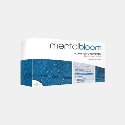 Caixa de suplemento alimentar Mental Bloom 30 ampolas 15 ml com padrão azul