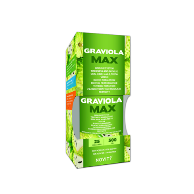 Embalagem verde de suplemento alimentar Graviola Max com texto em inglês e indicação de 25 cápsulas de 500 mg