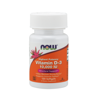 Frasco branco de suplemento Vitamina D-3 da marca NOW com rótulo laranja