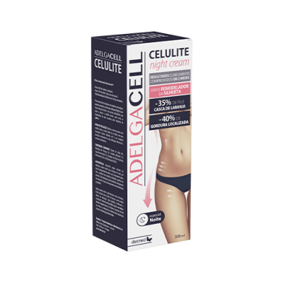 Embalagem de creme Adelgacell Celulite night cream com texto e imagem de tronco feminino.