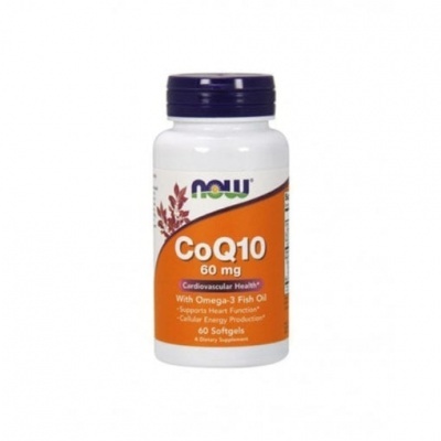 Frasco de suplemento CoQ10 60 mg com óleo de peixe Omega-3 da marca NOW