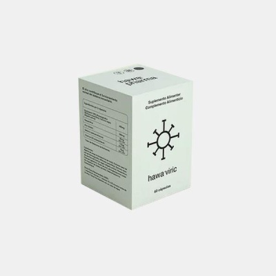 Caixa branca de suplemento alimentar hawa viric com símbolo circular e texto preto