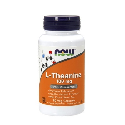 Frasco de suplemento L-Theanine 100 mg da marca NOW com rótulo laranja e tampa roxa.