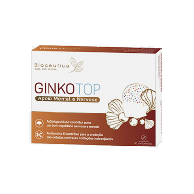 Embalagem do suplemento GINKOTOP da Bioceutica, 50 comprimidos.