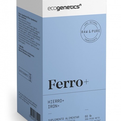 Caixa azul clara e branca do suplemento alimentar Ferro+ da ecogenetics