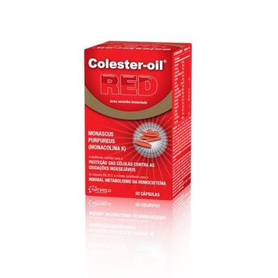 Embalagem vermelha do suplemento Colester-oil RED com 30 cápsulas