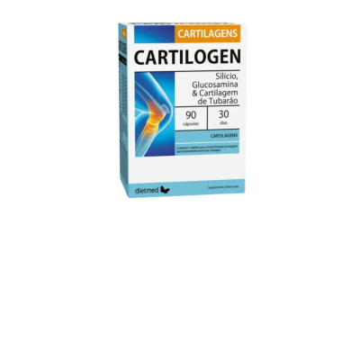 Embalagem do suplemento Cartilogen com descrição dos ingredientes e imagem da articulação humana.