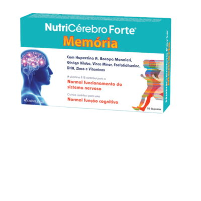 Embalagem do suplemento NutriCérebro Forte Memória com design azul, branco e laranja e imagens humanas estilizadas