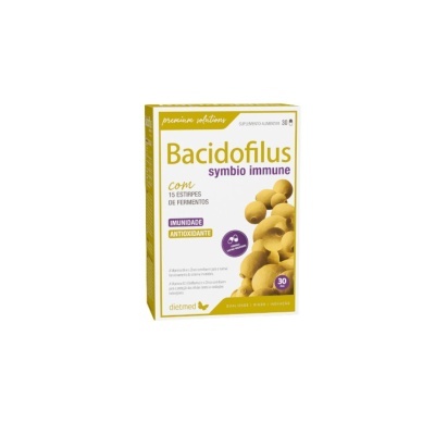 Embalagem do suplemento Bacidofilus symbio immune em branco e amarelo
