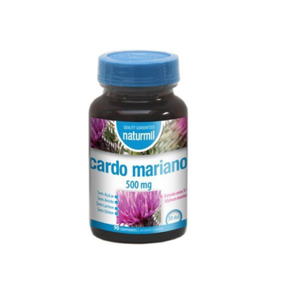 Frasco de suplemento Cardo Mariano 500 mg da marca Naturmil com rótulo branco e tampa azul