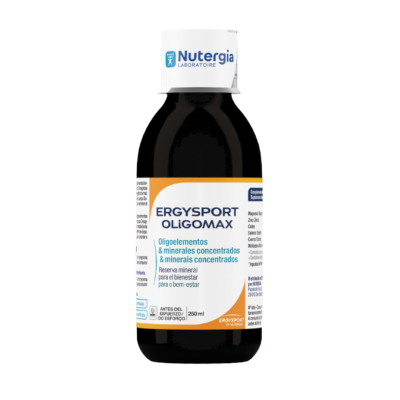 Frasco escuro ErgySport Oligomax com tampa branca e etiqueta branca azul e laranja