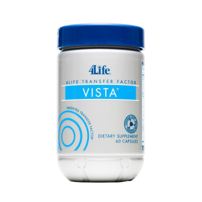 Frasco de suplemento 4Life Transfer Factor Vista com tampa azul e etiqueta azul e branca