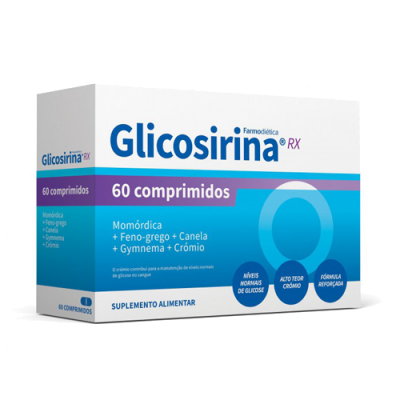 Embalagem branca e azul do suplemento Glicosirina RX com 60 comprimidos