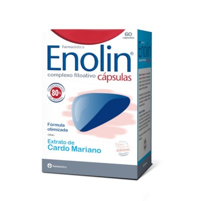 Caixa de cápsulas Enolin com extrato de Cardo Mariano, embalagem branca e azul