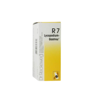 Embalagem branca e amarela de medicamento R7 Lycopodium-Gastreu com texto e imagem de cápsulas