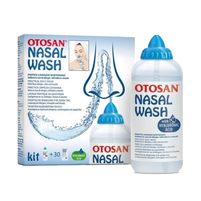 Kit de lavagem nasal Otosan com garrafa branca, tampa azul e embalagem azul com imagem de água