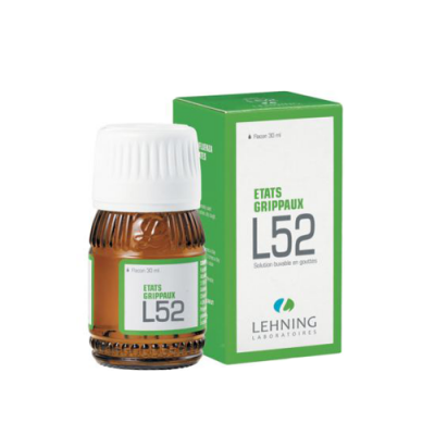 Frasco e caixa do medicamento ETATS GRIPPAUX L52 em vidro castanho, branco e verde