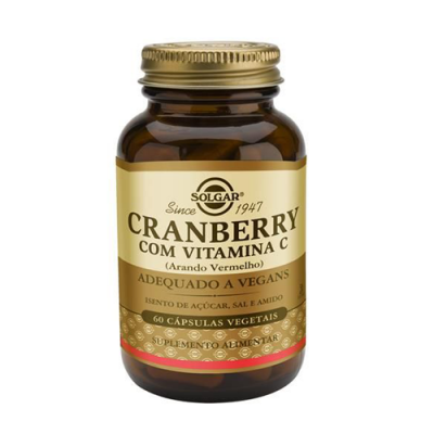 Frasco de suplemento Solgar Cranberry com Vitamina C, 60 cápsulas vegetais.