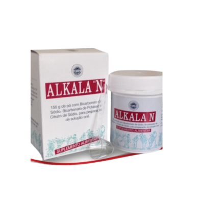 Suplemento alimentar ALKALA N em embalagem branca e vermelha com copo medidor