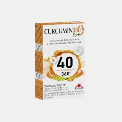Suplemento CURCUMIN 360 Forte em embalagem branca com texto laranja e preto