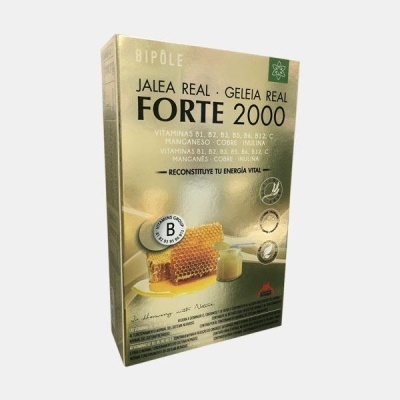 Embalagem dourada de suplemento alimentar Jalea Real Forte 2000 com imagem de favo de mel e frasco pequeno